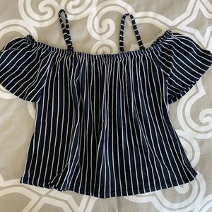 Navy and white striped off the shoulder shirt